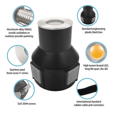 Lumière d'enterrement à LED en acier inoxydable 316 1w 2w 3w DC 24v avec boîte arrière en plastique pour l'aménagement paysager