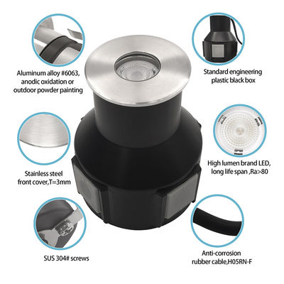 Lumière souterraine IP67 en retrait basse tension 1W 3W 3000K DC24v Forme carrée ronde avec couverture avant en acier inoxydable