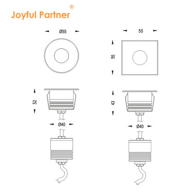 Lumière souterraine IP67 en retrait basse tension 1W 3W 3000K DC24v Forme carrée ronde avec couverture avant en acier inoxydable