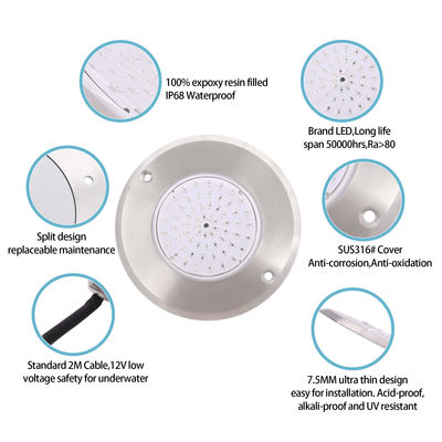 6W SMD 2835 Lampes de piscine à LED IP68 étanche Blanc / chaud Blanc 316 Couverture en acier inoxydable