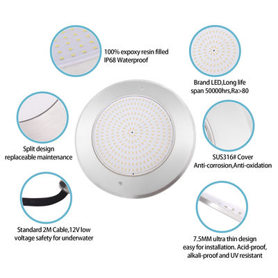 2024 Vente à chaud IP68 Super Thin 7.5mm AC12V 316 acier inoxydable RGBW SMD LED piscine sous-marine lumière avec télécommande