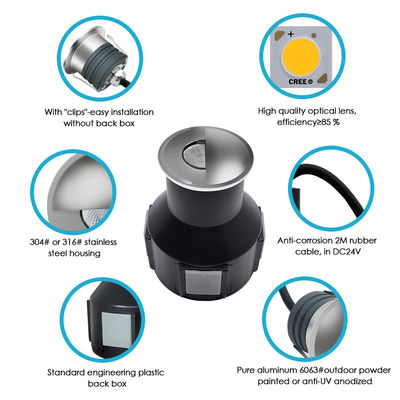 Lumières souterraines LED 1W 2W DC12/24V IP67 Aluminium Casement en acier inoxydable Couverture du visage Résine remplie