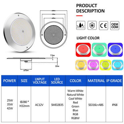 Lampes de piscine sous-marines à LED 316 en acier inoxydable 25W Smd2835 Résine remplie 3000K RGB Lampe de piscine SMD 2835 AC 12v IP68 Pleinement imperméable