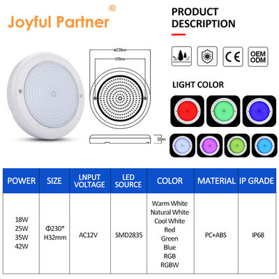 Piscine imperméable à l'eau Lumière murale montée Rgb AC12v Diamètre 230mm Épaisseur ABS Matériau 42W