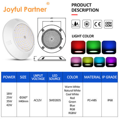 Résine époxy remplie sous-marine piscine lumineuse Mur monté ABS boîtier IP68 AC12V 18W Dia 260mm