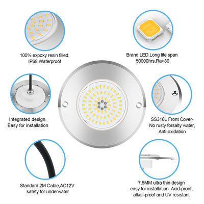 Projecteur de piscine LED RGB Par 56 6W 10W 18W 25W 35W 42W ultra mince 7,5 mm super fin rempli de résine Tension AC 12V LED SMD avec matériau SS316L