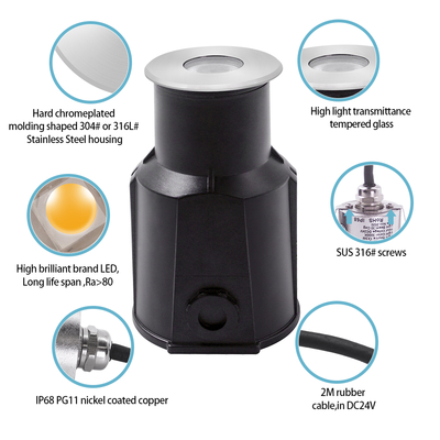 Projecteur subaquatique encastré en acier inoxydable 316 DC12V/24V 3W LED RGB pour SPA, piscine, avec CE RoHS IP68 3000k