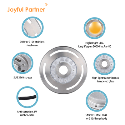 Projecteur de fontaine LED submersible IP68 12W 24W 36W Blanc chaud Bleu RVB Acier inoxydable 316L Avec diamètre 285mm