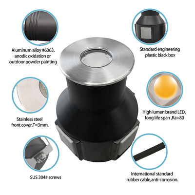 Lumière souterraine IP67 en retrait basse tension 1W 3W 3000K DC24v Forme carrée ronde avec couverture avant en acier inoxydable