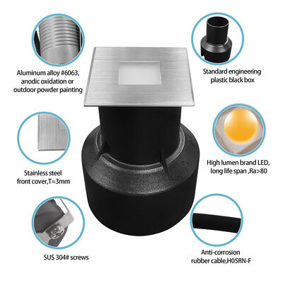 Spot encastré de sol carré LED 3W en acier inoxydable 304 ou 316, dimensions 45*45MM, boîtier en aluminium