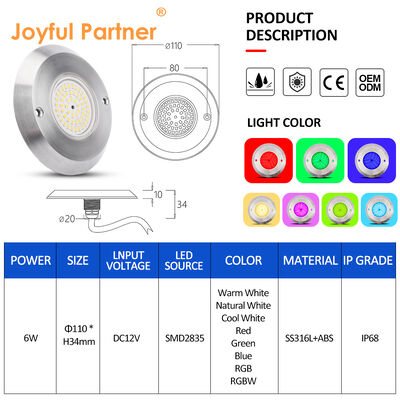 IP68 PAR 56 sous-marin éclairage de piscine 6W SMD2835 Dimension 110*34MM Ultra mince 10MM