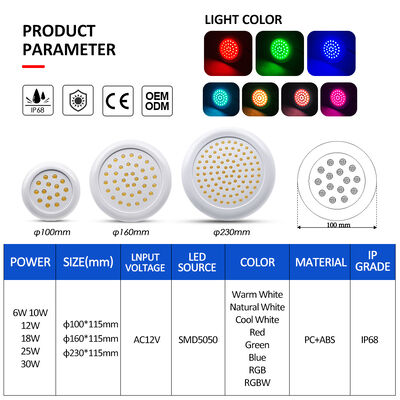 Lampe de piscine étang RGB IP68 Étanche Entièrement Collée 12V 25W Technologie Anti-Infiltration Matériau PC