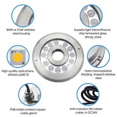 Projecteur LED de fontaine subaquatique blanc chaud 12 Volts 12W en acier inoxydable 316 avec câble de 2 mètres